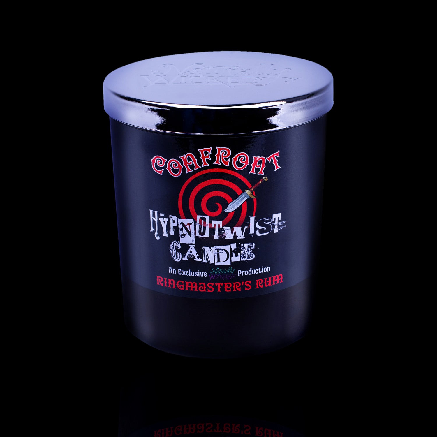 Confront Your Fears With The Naturally Wicked Hypnotwist Confront Candle Featuring Plant-based Soy Red Wax Scented With Ringmaster's Rum & Includes A Red Jasper Crystal Spinning Top & Mirrored Lid
